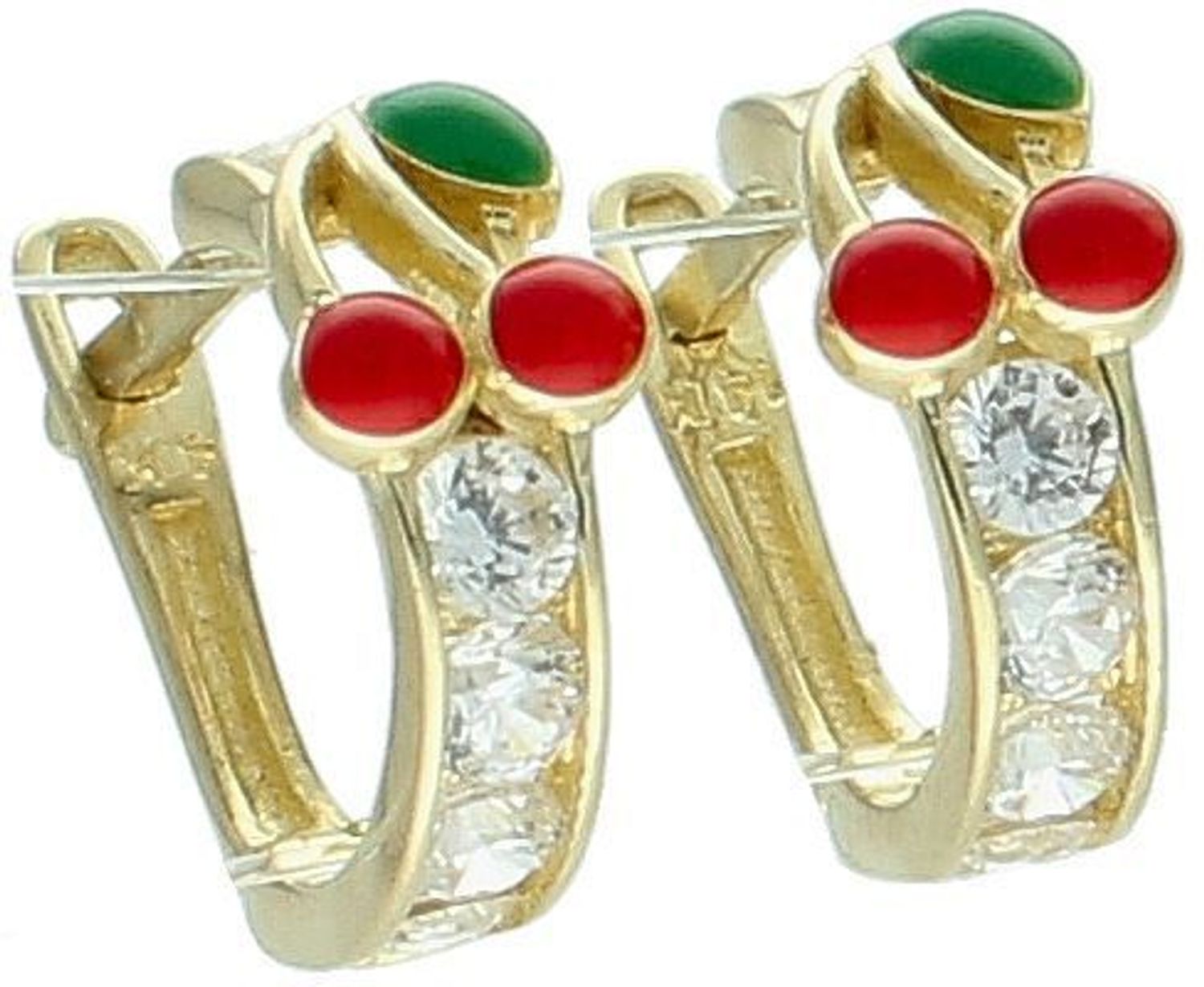 Złote kolczyki dziecięce kółka z wisienkami i białymi cyrkoniami 585 KL 3336.jpg